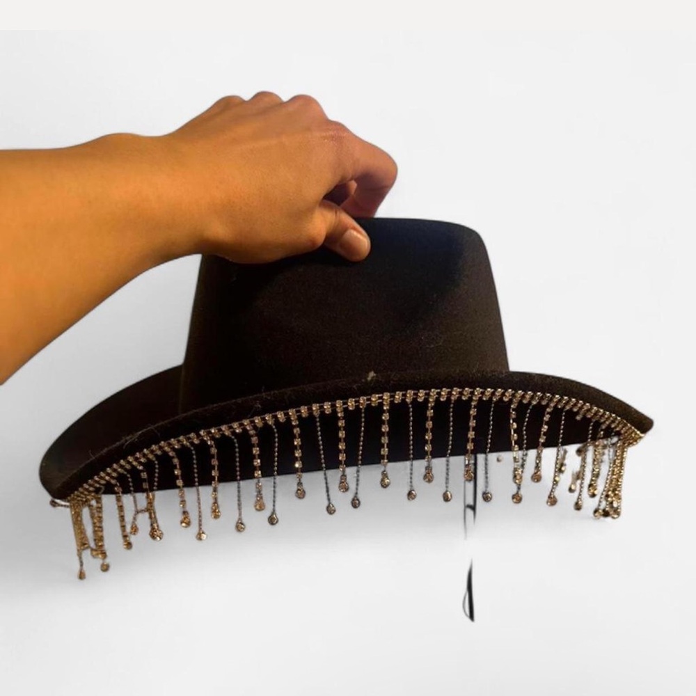Elegant Black Hat with Silver Beaded Fringe